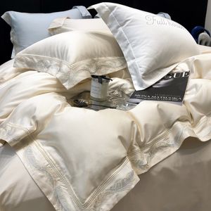 Bettwäsche Sets 100er ägyptischer Baumwollschicke Feder Stickerei Broad Side Luxus Bettwäsche Set Queen King Size Duvet Cover Set Bettblatt Kissenbezüge 230823