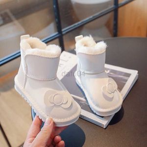 Stövlar Pure Beige Bow Kids Casual Snow Boots Winter New 2022 Casual Non-Slip Flat Sole Unique Girl Versatile Pretty Child Cotton Shoes L0824