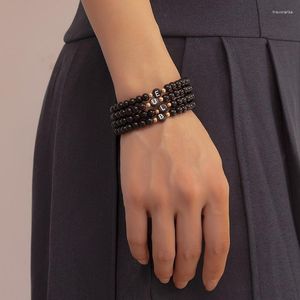 Charm Armbänder Schwarze Perlen elastische Stretcharmband Freundschaft Mode Schmuck handgefertigt 26 Buchstaben Alphabet Frauen Männer Armband Armband