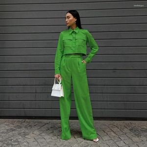 Dwuczęściowe spodnie damskie 2023 Wiosna lato swobodne mody zielone długie rękawy i krótki płaszcz z szerokiej talii set biurowy
