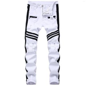 Jeans maschile 2023men white cerniera bianca brimine laterale a bordo slim tratto di pantaloni casual strappati 264i