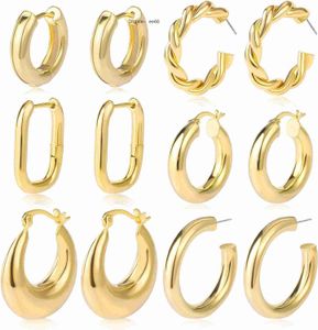 6 par grova guldringörhängen för kvinnors 14K guldpläterade anti allergiska tjockt öppna huggie hoop set för smycken gåvor