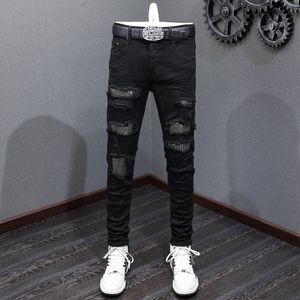 Мужские джинсы High Street Fashion Jeans Jeans Black Estach Punk Bonders Skinny Fit Ruped Jeans Men Beading Patch Designer Hip Hop Brants 230824