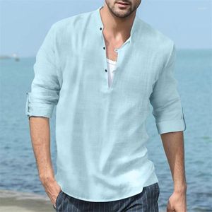 Camisetas masculinas masculino Henley camisa de cor sólida de cor comprida stand gollo-down topo de praia de linho simples solto