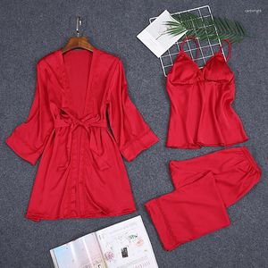 Women's Sleepwear Red Bride Wedding Robe Sets Sexy Lace Kimono Gown 3PCS Strap Pajamas Full Sleeve Pyjamas Suits Bathrobe Nightgown Homewear