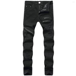 Herrar rippade jeans mode blyerts fast färg hög midja rippade byxor dragkedja design nära passning för män