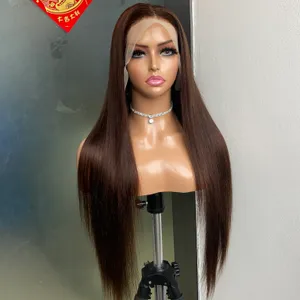 Glamorous 180% Density Peruvian Indian Brazilian #4 Brown 100% Raw Virgin Remy Human Hair Silky Straight 13x4 Transparent Lace Frontal Long Wig