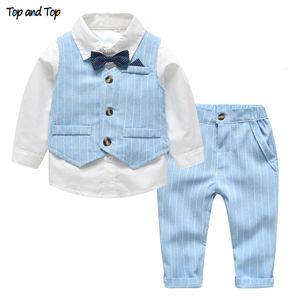 Kläder sätter upp och vårens höstens baby pojke gentleman kostym vit skjorta med fluga randiga västbyxor 3st formella barnkläder set 230823