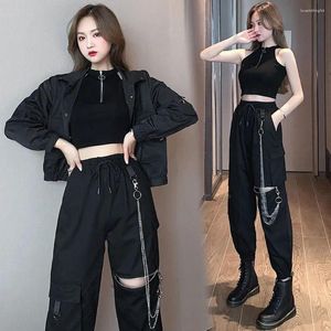 Women's Two Piece Pants Girl Streetwear Cool Sets For Autumn Loose Handsome Jacket Coat Cargo Pant Black Vest Trouser Set 3 Pieces Suits