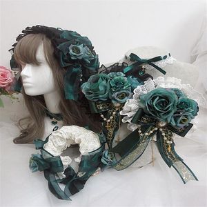 Partymasken Mädchen Design Lolita Spitzen Haarnadeln dunkelgrüne Blumenperlen Kreuz Gothic Women Kostüm Halskette Stirnband Cosplay Headerc226c