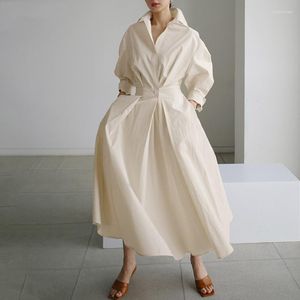 Casual Dresses Korean Fashion Long Sleeve Shirt Dress Chic Turndown Neck Ruched Maxi Women 2023 Spring Summer Clothes Streetwear