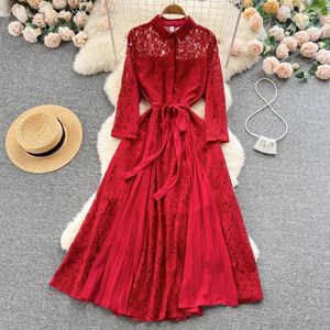Casual Dresses Women's Dress Lace-up Hollow Out Mid-Calf Floral Print Polo Collar Slim Vestidos High-Grade Socialite Style Dropship