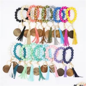 Keychains Lanyards Wood Beaded Bracelet Keychain Blank Disc Tassel Key Ring Pendant Pure Mticolor Optional Drop Delivery Fashion A Ot8Tn