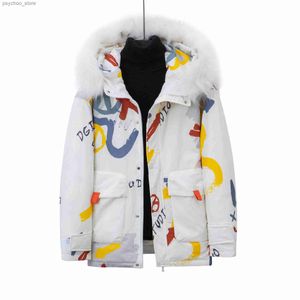 Hip Hop Graffiti Printed Couple Puffer Jacket Men and Women Winter Outdoor Warm Coats Hooded Windbreaker White Duck Down Jackets Q230823