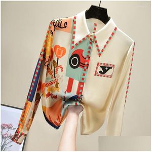 Women's Blouses Shirts Womens Elegant Print Silk Blouse Women Korean Long Sleeve Shirt Modis Tops 2023 Arrival Drop Delivery Appar Dhdl8