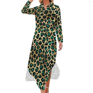 Casual Dresses Teal and Gold Leopard Chiffon Dress Spots Tryck trendiga Stylish Female Sexig tryckta Vestidos Big Size