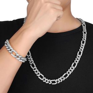 Hip Hop 1set 13 mm złoto lodowane utwardzone krysztarskie krinność Miami Curb Figaro Link łańcuch Naszyjnik CZ Bling Raper Naszyjnik dla mężczyzn Jewelry295f