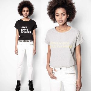 Zadig Voltaire 23SSデザイナーTシャツ夏の新しいフランスのマイノリティZVレディーススリーブカーリンググレーレター印刷ブラックコットンショートスリーブTシャツ