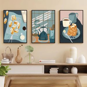 Retro Food Kaffee Moka -Topfplakate und Drucke Pfannkuchen Süßigkeiten Frühstück Leinwand Malerei Wandbilder Küche Esszimmer Home Decor No Frame Wo6