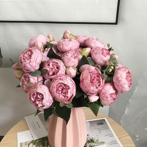 Decorative Flowers Wreaths 30cm Rose Pink Silk Bouquet Peony Artificial Flowers 5 Big Heads 4 Small Bud Bride Wedding Home Decoration Fake Flowers Faux 230823