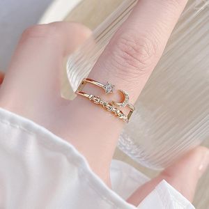 Cluster Rings Luxury Delicate14K Gold Plated Star Moon Open Ring For Women Zircon Bijoux Engagement Finger Christmas Gift Smycken