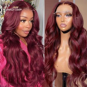 99J Color Wod Wave Lace Frente Human Human Wigs Red Borgonha 13x4 Perunto frontal de renda transparente Pré-coberto para mulheres Remy Hair 180