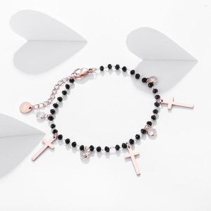 Charm Bracelets Fashion Black Crystal Chain Cross Bracelet For Women Rose Gold Stainless Steel Religion Jesus Gift Jewelry