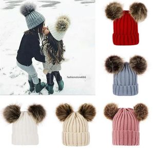 Children Baby Knitted Hats Winter Knitted Solid Crochet Hat Warm Soft Pom Pom Beanies Double Hairball Hats Outdoor Slouchy Caps