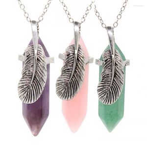 Pendant Necklaces KFT Natural Healing Crystal Quartz Feather Wrapped Hexagon Prism Amethyst Green Aventurine Tiger Eye Stone Necklace