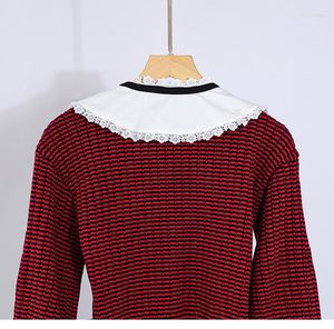 Women's Knits 2023 Doll Collar Striped Knitted Cardigan Spring Summer Women Tie Short Petite Year Sweater Jacket
