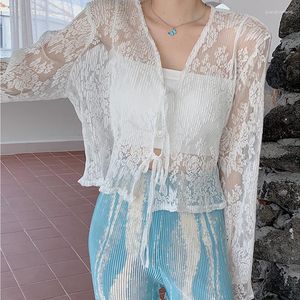 Women's Knits Summer Hollow Cardigan Women 2023 Fashion V-neck Flare Sleeve Tie Front Crop Tops See Through White Knitted Jackets Female