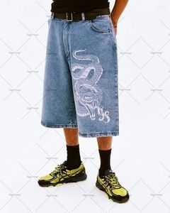 Men's Jeans Fashion Punk Trend Anime Snake Print High Waist 2023 Streetwear Harajuku Hip Hop Loose Cropped Denim Shorts Women's