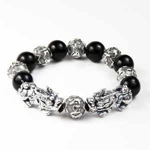 Feng Shui Lucky Plated Antique Silver Double Pixiu Bracelet Nutural Stone Obsidian Beads Bracelet For Men3158