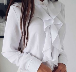 Ruffle Ladies Blousesシャツ白い黒いエレガントなオフィスブラウススリーブプラスサイズレディーストップ衣類フェミニン2020秋