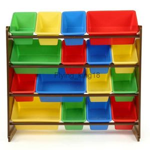Organizador de armazenamento de brinquedos de nogueira com 16 caixas de armazenamento de plástico com várias cores HKD230812
