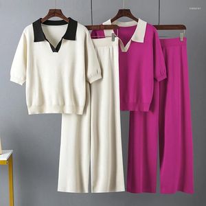 Women's Sleepwear Autumn Pajama Sets For Women Polo Collar Short Sleeve Knitting Top Sweater High Waist Wide Leg Pants Two Piece Set