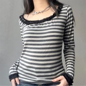 Männer S T -Shirts Combhasaki Damen Apring Herbst Y2K Vintage Grunge runde Hals Spitze Ruffen geschleift Basic Striped Langarmd Skinny Tee -Hemden 230823