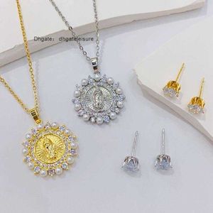 Pendant Necklaces Golden Virgin Pearl Catholic Necklace Of The Guadeloupe Exquisite Zicronia Stone Ear Studs Jewelry Set Santa Muerte