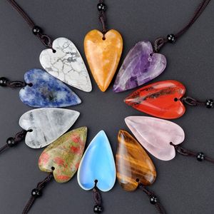 Natural Crystal Stone 40mm Big Heart Pendant Opal Rose Quartz Jade Lapis Charms Rope Necklaces Retro Style Jewelry Making