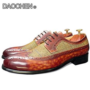 Dress Shoes LUXURY MEN'S SHOES LACE UP MIX COLOR BROGUE WING TIP CASUAL MENS DRESS SHOES DANCE PARTY WEDDING GENUINE LEATHER DERBY SHOES MEN 230824