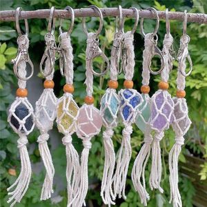 Keychains 10st Natural Raw Stone Woven Net Pocket Bag Keychain Amethyst Quartz Fluorite Hummer Clip CLASP Key Rings Charms