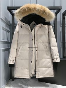 Canadá Designer canadense inverno ao ar livre feminino comprimento médio manga comprida com capuz frio e à prova de vento casaco quente casaco 90% penas de ganso tamanho S-