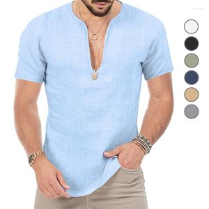 Men's T-skjortor Summer V-ringning Kort ärm Tee Shirt Stylish Men Beachwear Slim Fit Solid Color Bamboo Cotton Clothes Y2k Topps 2023