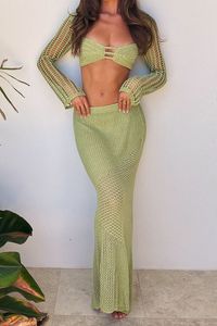 Womens Crochet Knit 2 Piece Skirt Set Hollow Out Crop Top Long Sleeve Backless Tie Up Club Bodycon Dress Outfits 2308234