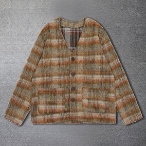 Herrtröjor högkvalitativ brun check mohair cardigan ull blandning stickad tröja vneck höst modejacka män 230823