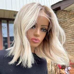 150% Blonde Lace Front Human Hair Wigs Shoulder Natural Straight Lace Front Wig 13x4 #6 Ashy Brown Root Highlight Wig 150%