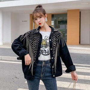 Kvinnorjackor Chaquetas Mujer Autumn Streetwear Denim Jacket Kvinnor Rivet Tassel Chain Short Jeans Loose Coats