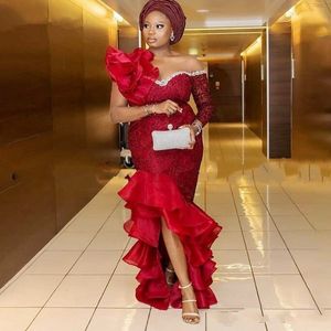 Bury Aso Ebi South African Dresses Mermaid One-Shoulder Lace Slit Nigeria Dubai Saudi Arabic Evening Gown Prom Dress 328 328