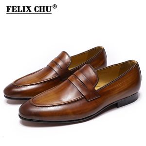 Klänningskor Felix Chu Mens Penny Loafers läderskor äkta läder elegant bröllopsfest casual klänningskor bruna svarta skor för män 230824