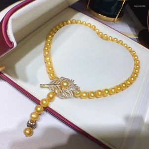 Choker Habitoo Gorgeous Natural 9-10mm gult sötvatten Pärlhalsband armband smycken Set Feather Cubic Zircon Clasp for Women Gift